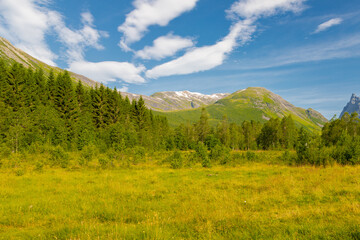 The amazing green meadows of the More and Romsdal county in Norway with in the backgroudn the massive rock formations and hills rising up from the ground and the imposing fjords.