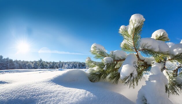 Pine Branch Covered With Thick Snow Against The Blue Sky On A Bright Sunny Day