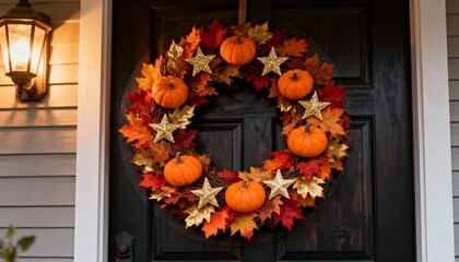 Autumn Harvest Wreath Adorned with Mini Pumpkins, Vibrant Leaves, and Glittering Gold Stars on a Front Door