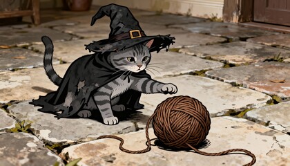 Curious Tabby Witch Cat Paws at Yarn Ball on Spooky Stone Path