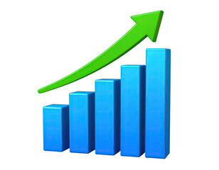 3D blue bar graph shows increasing data, with green upward arrow