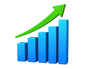 3D blue bar graph shows increasing data, with green upward arrow