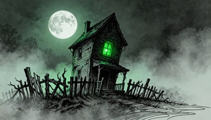 Eerie Haunted House with Green Glowing Window, Full Moon, and Mystical Fog on a Dark Halloween Night