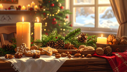 Festively decorated table with nuts, biscuits and gingerbread in warm candlelight generative AI
