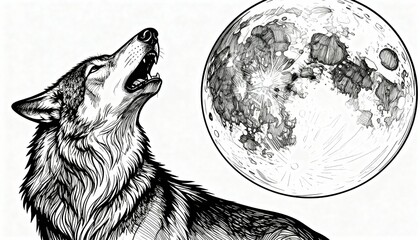 Majestic Wolf Howling at the Full Moon - Detailed Black and White Line Art Illustration