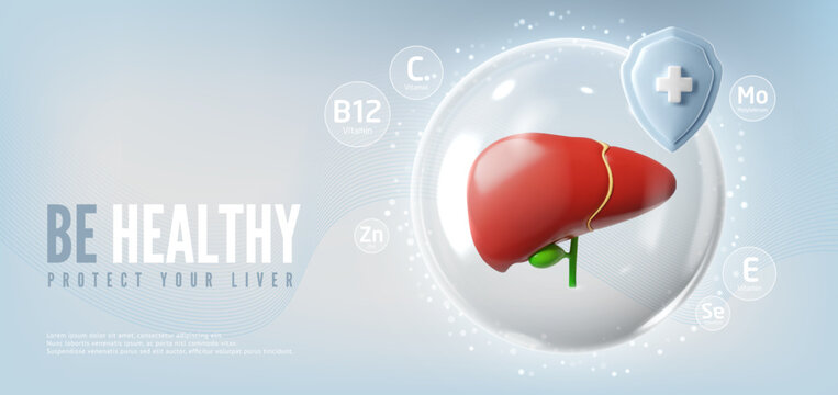 3D banner with liver in protective bubble with shield and vitamins, blue background.