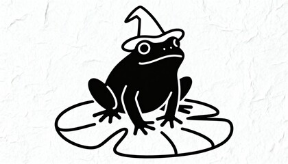 Stylized Witch Frog on Lily Pad Illustration - Black and White Magical Amphibian with Pointy Hat