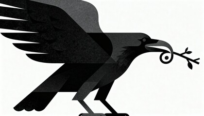 Stylized Black Crow Holding Symbolic Leafy Branch - Minimalist Geometric Illustration of Peace, Nature, and Hope