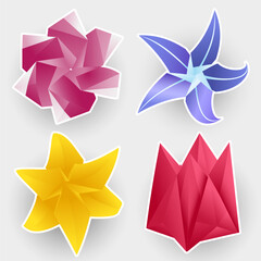 Set of origami illustration. Cartoon Stickers collection. Blossom, flowers, floral, spring, flora