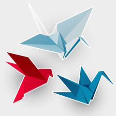 Crane, bird, pigeon. Set of origami animal illustration. Cartoon Stickers collection.