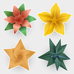 Set of origami illustration. Cartoon Stickers collection. Blossom, flowers, floral, spring, flora