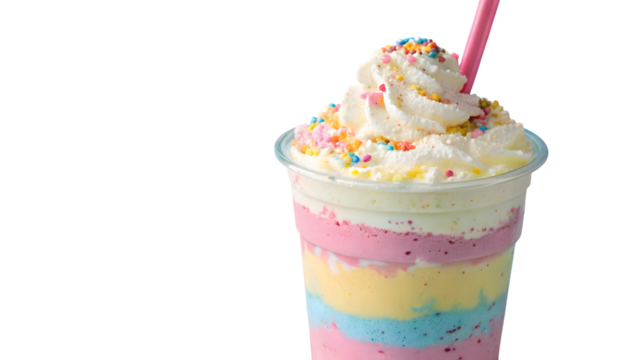 Colorful layered unicorn milkshake with whipped cream and sprinkles isolated on transparent background