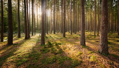 Obraz premium The Serene Beauty Of A Pine Forest During Early Autumn With Sunlight Filtering Through The Canopy Illuminating Patches Of The Needle Strewn Ground