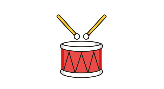 Festive red toy drum with golden drumsticks against a pristine white backdrop