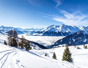 Panoramic view of snow-capped mountains, valley filled with clouds, and a ski slope
