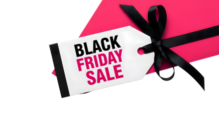 Black friday sale tag with black ribbon on a pink gift box, isolated on transparent background