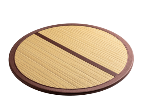 Round, woven-looking mat with a brown border and dark diagonal stripe