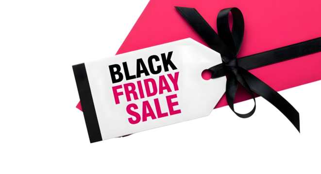 Black friday sale tag with black ribbon on a pink gift box, isolated on transparent background