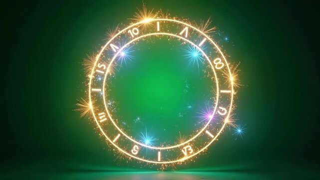 Magical glowing clock face with celestial symbols and sparkling lights on a dark green background.