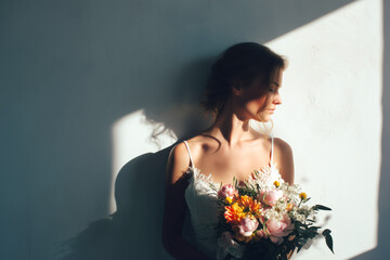 A girl in a white dress with a bouquet of flowers against a textured wall.