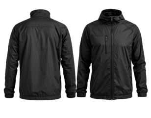 Front and back view of a black, hooded, full-zip, lightweight outdoor jacket