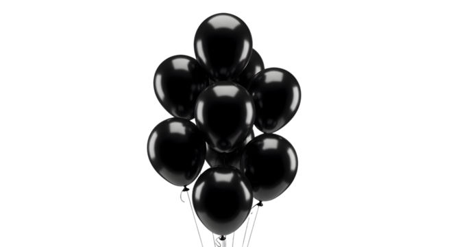 Bunch of black balloons floating, isolated on transparent background