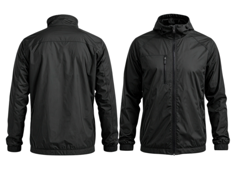 Front and back view of a black, hooded, full-zip, lightweight outdoor jacket