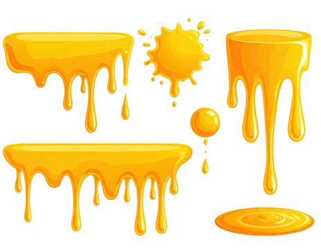 Cartoonish collection of honey, dripping and splattered on a black backdrop