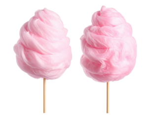 Two fluffy, pink, spun-sugar treats on wooden sticks, isolated on a black background