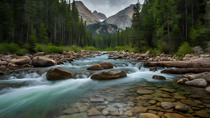 hiker on the lake, hiker in the mountains, mountain river in the forest, mountain river in the mountains, river in the mountains