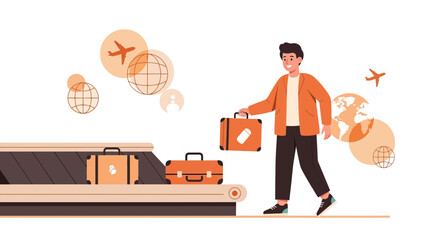 A flat vector illustration representing a traveler collecting baggage at the airport after arrival