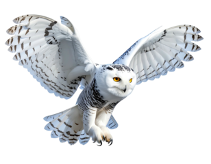 A majestic snowy owl in mid-flight, wings fully extended. Eyes intently forward