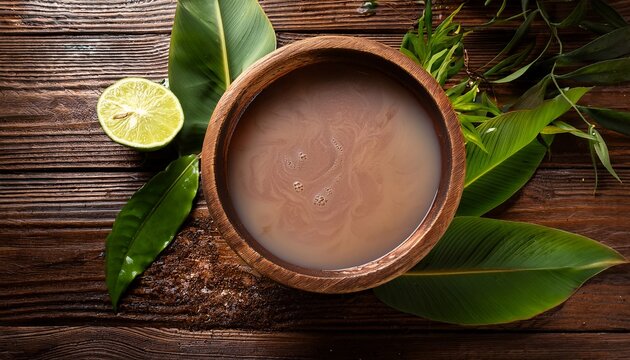 Traditional Kava Bowl Filled With Drink Surrounded By Natural Elements On A Rustic Wooden Table