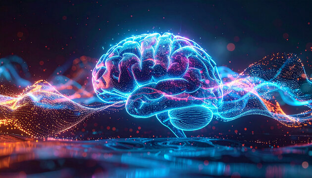 Illuminated Brain in Deep Space: An artistic representation of the human brain, lit with neon, emerges against the deep space background. Exploring the mind's capabilities, knowledge.
