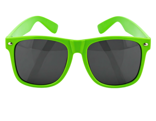 Bright green sunglasses with dark lenses, centered on a black background