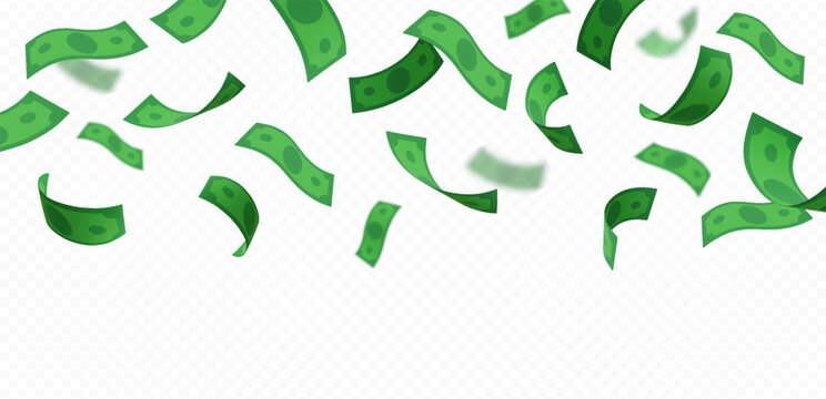 Dollar banknote fall from above, vector throw green paper bills fly, realistic money cash, currency flight on wind blow