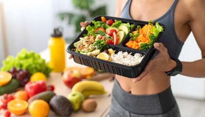 Healthy Meal Prep: Woman Holding a Balanced Salad and Fruit Arrangement