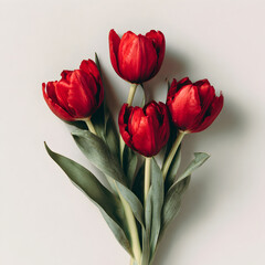 Fototapeta premium A topdown studio view of a small bunch of red tulips with green leaves, presented on a plain, lightcolored surface