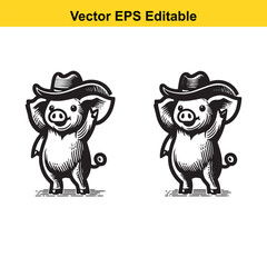 Obraz premium Cute cartoon pig wearing a cowboy hat, isolated on white background