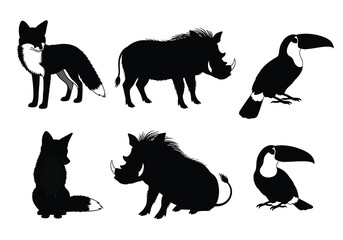 Fototapeta premium Silhouette animal icons vector illustration of fox warthog and toucan simple flat design for logo or graphic element on transparent background