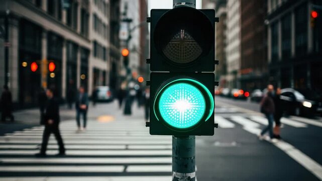 Traffic Light Changes from Red to Green in a Busy City Intersection with Pedestrians
