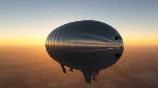 Sleek Airship Reflecting Golden Hour Hues High Altitude Travel