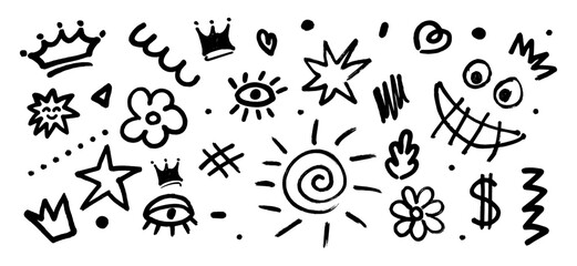 Set of punk inspired graffiti design. Collection of features squiggles, black charcoal strokes and comic style drawings of flowers, leaves and playful kid like drawn elements. Vector illustration