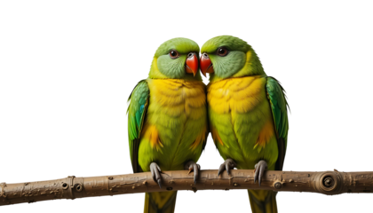 Two Cute Lovebirds Sitting Together on Wooden Branch – Isolated Tropical Bird PNG
