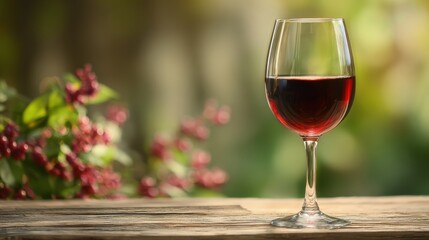 Red Wine headache. A glass of red wine sits elegantly on a wooden table with greenery in the background.