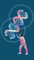 Surreal collage art. Female scientist inspecting DNA double helix with magnifier. Concept of...