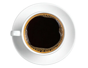 Overhead shot of a white coffee cup filled with dark black beverage, on a saucer