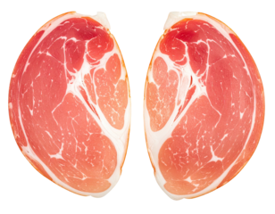 Two identical slices of cured meat, pink and marbled, on a black background
