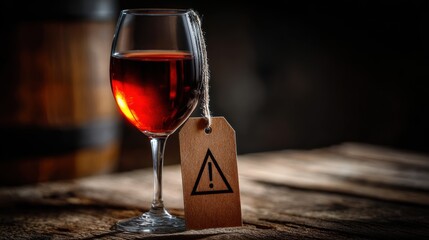 Red Wine headache. A wine glass with a tag, set against a dark background, evokes a rich and elegant atmosphere.
