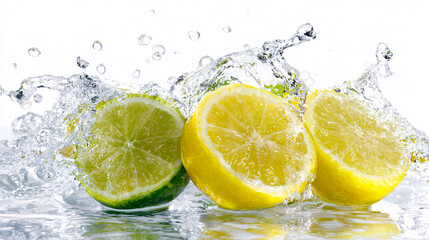 Fresh citrus splash: vibrant lemon and lime halves falling into clear water, studio shot.